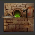 Brick Structure Equipment With Arched Entrance Green Liquid And Orange Pipe