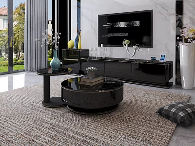 Modern Black TV Stand In Living Room With Wall Mounted TV And Coffee Table 3d model