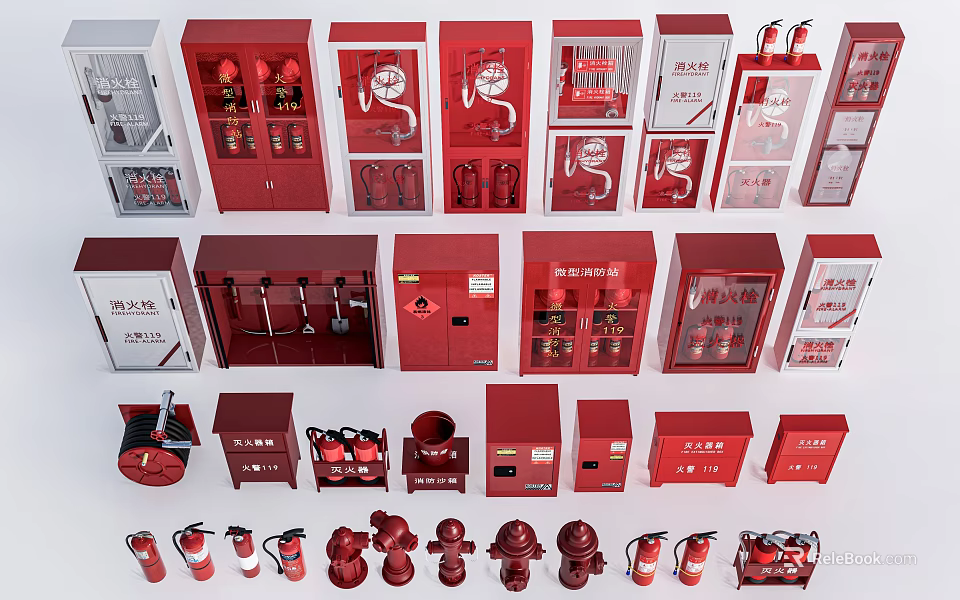 Public Fire Safety Equipment Including Cabinets Extinguishers and Hydrant Tools 3d model 