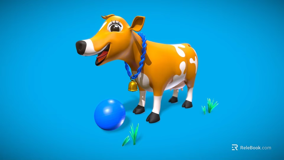 Cartoon Cow With Yellow White Spots Blue Rope Bell Blue Ball Green Grass Blue Background 3d model 
