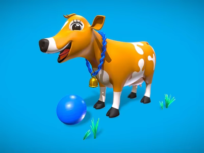 Cartoon Cow With Yellow White Spots Blue Rope Bell Blue Ball Green Grass Blue Background 3d model
