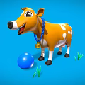 Cartoon Cow With Yellow White Spots Blue Rope Bell Blue Ball Green Grass Blue Background