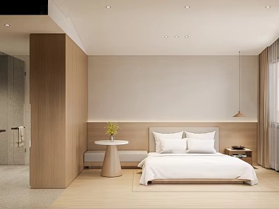 Modern Hotel Room Interior With White Bed Wooden Nightstand And Decorative Flowers 3d model