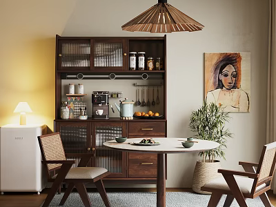Warm Restaurant Interior With Round Wooden Dining Table Chairs Pendant Light Artwork And Plant 3d model