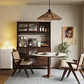 Warm Restaurant Interior With Round Wooden Dining Table Chairs Pendant Light Artwork And Plant