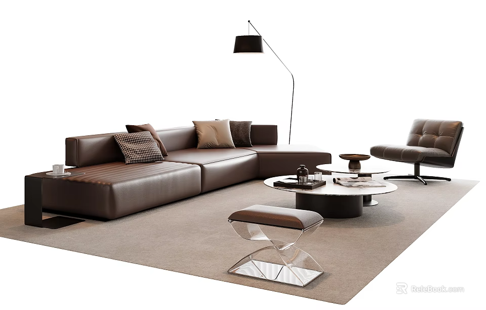 Modern Leather Sofa And Coffee Table Set With Floor Lamp Pouf And Throw Pillows 3d model 