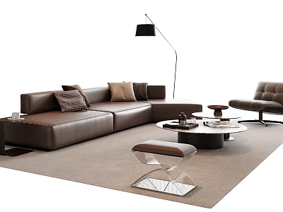 Modern Leather Sofa And Coffee Table Set With Floor Lamp Pouf And Throw Pillows 3d model