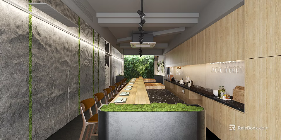 Modern Restaurant Interior Featuring Open Kitchen Wooden Cabinets And Green Plants Decor 3d model 