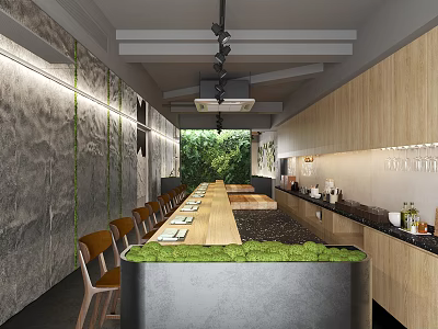 Modern Restaurant Interior Featuring Open Kitchen Wooden Cabinets And Green Plants Decor 3d model