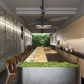 Modern Restaurant Interior Featuring Open Kitchen Wooden Cabinets And Green Plants Decor