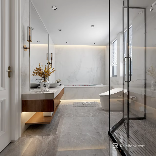 Modern Bathroom with Marble Walls Glass Shower Enclosure Wooden Vanity Bathtub and Warm Lighting 3d model 