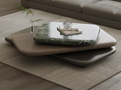 Modern Layered Coffee Table With Marble Top Books Decorative Sphere And Plant By Sofa 3d model
