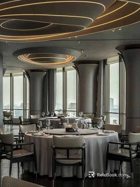 Elegant Restaurant Dining Space With Round Tables Table Settings Large Windows And City View 3d model 