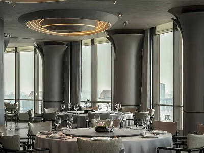 Elegant Restaurant Dining Space With Round Tables Table Settings Large Windows And City View 3d model