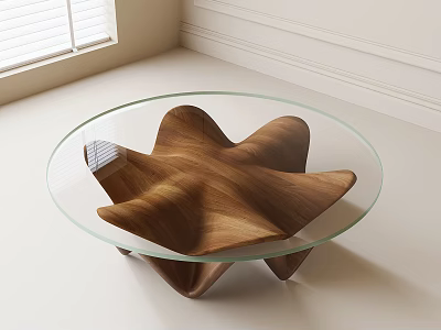 Modern Coffee Table With Circular Glass Top And Walnut Sculptural Base 3d model