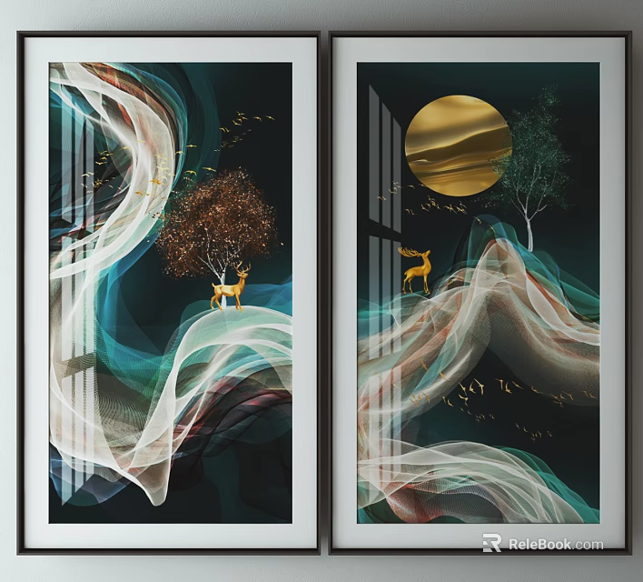 Abstract Wall Art Set With Flowing Lines Golden Deer Trees And Moon 3d model 