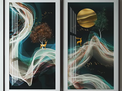 Abstract Wall Art Set With Flowing Lines Golden Deer Trees And Moon 3d model