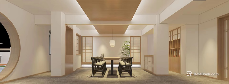 Traditional Japanese Restaurant Interior With Wooden Ceiling And Shoji Doors 3d model 