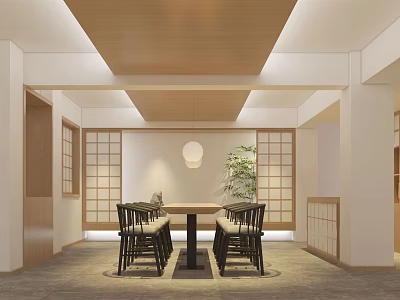 Traditional Japanese Restaurant Interior With Wooden Ceiling And Shoji Doors 3d model
