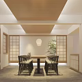 Traditional Japanese Restaurant Interior With Wooden Ceiling And Shoji Doors
