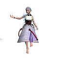 Woman With Blue Hair Wearing White Top And Patterned Skirt With Belt And Bracelets Barefoot