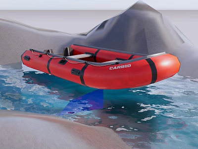 Red Caribo Inflatable Boat With Black Straps Floating On Water Near Mountains 3d model