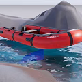 Red Caribo Inflatable Boat With Black Straps Floating On Water Near Mountains