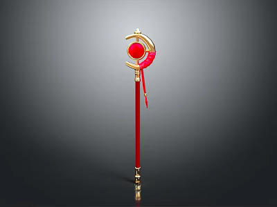 Ornate Red And Gold Magic Staff With Sphere Accent And Ribbon Decoration 3d model