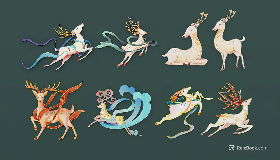 Decorative Deer Wall Decor with Dynamic Poses and Flowing Artistic Patterns 3d model