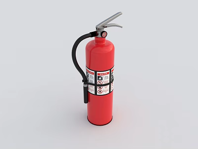 Red Fire Extinguisher With Black Hose Metal Handle And Safety Label For Emergency Use 3d model