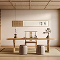 Traditional Japanese Tea Room Interior With Wooden Table Tea Sets And Calligraphy Scroll
