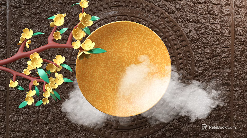 Carved Traditional Background Wall Featuring Yellow Plum Blossoms Red Branches Yellow Plate And White Clouds 3d model 