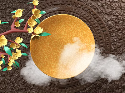Carved Traditional Background Wall Featuring Yellow Plum Blossoms Red Branches Yellow Plate And White Clouds 3d model