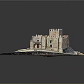 Detailed Castle Model Scene With Red Roof Stone Walls Sand And Rocky Terrain