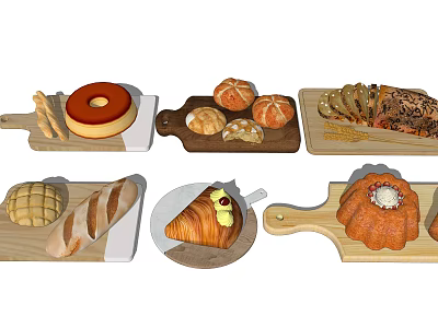 Various Types of Baked Goods on Wooden Boards Including Bread Donut Croissant and Cake 3d model