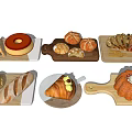 Various Types of Baked Goods on Wooden Boards Including Bread Donut Croissant and Cake