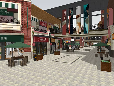 Commercial Landscape With Red Brick Buildings Shops Green Umbrellas And Outdoor Seating 3d model