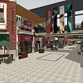 Commercial Landscape With Red Brick Buildings Shops Green Umbrellas And Outdoor Seating