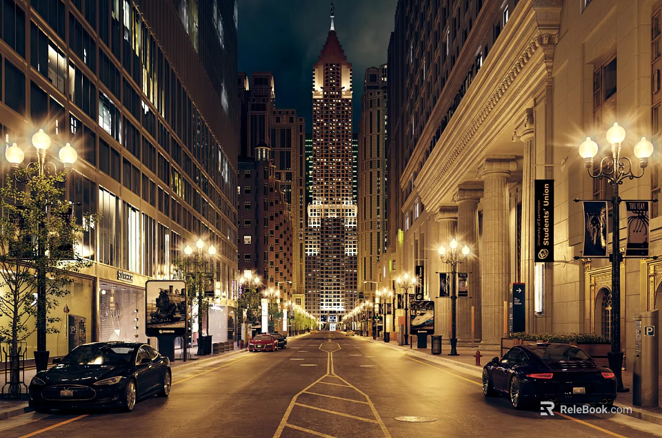 Illuminated Nighttime Commercial Street With Tall Buildings Street Lamps And Parked Cars 3d model 