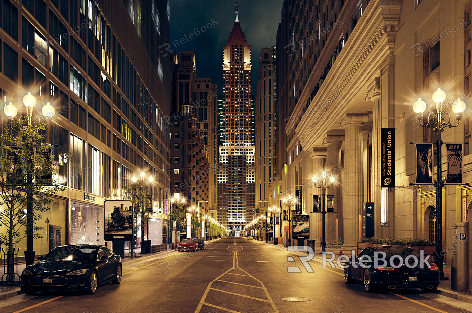 European commercial street city night view model