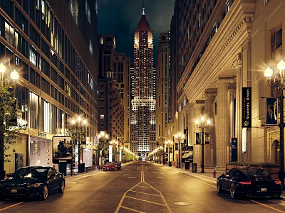 Illuminated Nighttime Commercial Street With Tall Buildings Street Lamps And Parked Cars 3d model