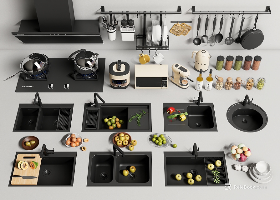 Multiple Modern Kitchen Sinks With Drainer Rack And Fresh Fruits Vegetables 3d model 