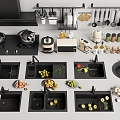 Modern vegetable washing basin kitchen sink vegetable washing basin gas stove range hood kitchen supplies pots and pans fruit plate 3d model