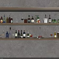 Various Wine Bottles and Glasses Arranged on Wooden Shelves with Dark Background