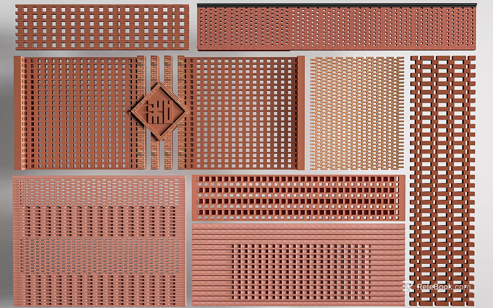 Rustic Red Brown Background Wall With Perforated Lattice Patterns Traditional Chinese Textures And Designs 3d model