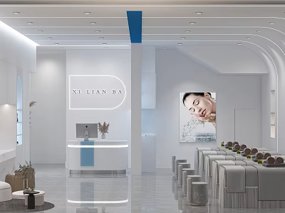 Modern Minimalist Beauty Salon Interior With Stylish Reception Desk And Comfortable Chairs And Beauty Poster 3d model