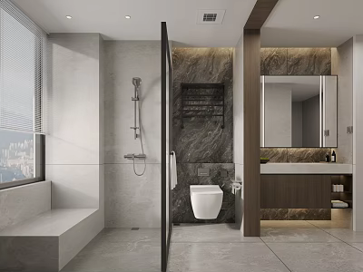 Modern Bathroom Interior With Marble Walls Shower Area Toilet And Vanity Mirror 3d model
