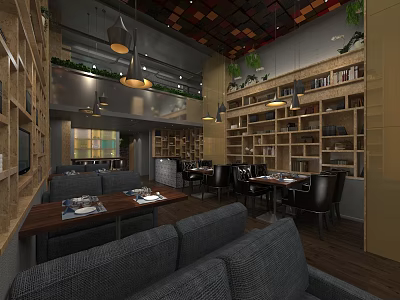 Café Interior Design With Comfortable Sofa Seats Dining Tables Bookshelves And Pendant Lights 3d model