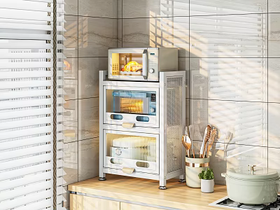Sturdy Kitchen Storage Rack with Microwave Toaster Oven Drawers and Transparent Doors on Countertop 3d model