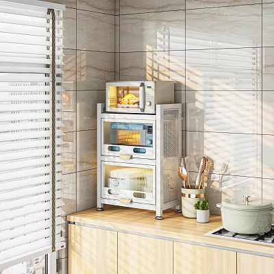 Sturdy Kitchen Storage Rack with Microwave Toaster Oven Drawers and Transparent Doors on Countertop 3d model